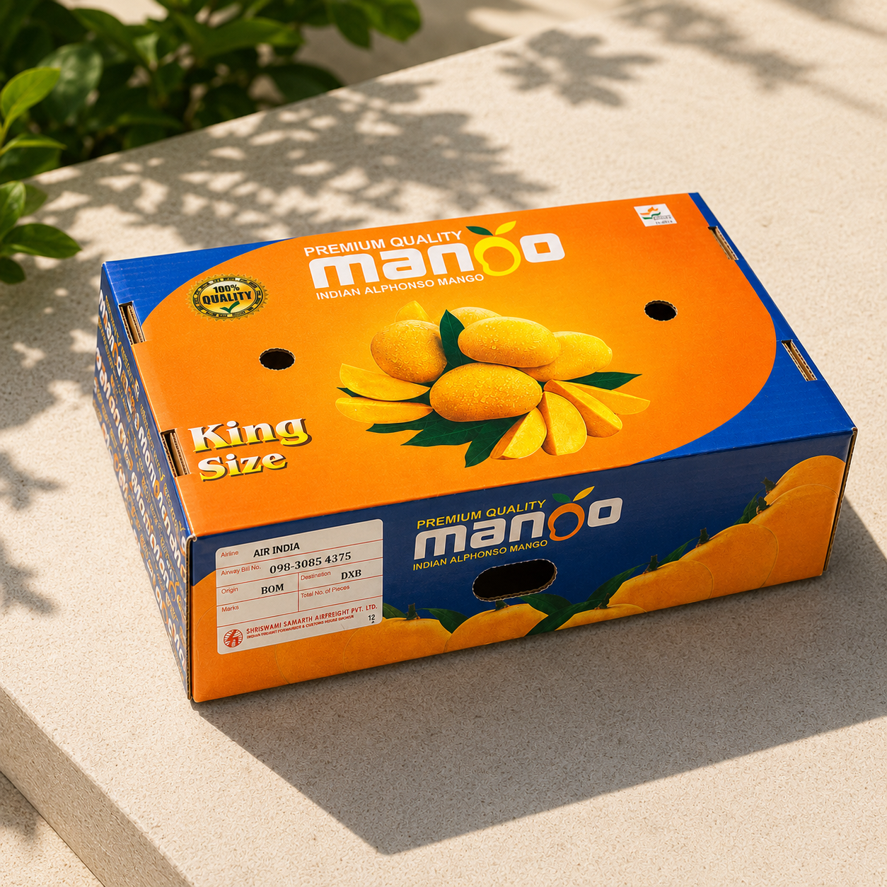 Box of Mangoes with 'mango' branding on a light surface