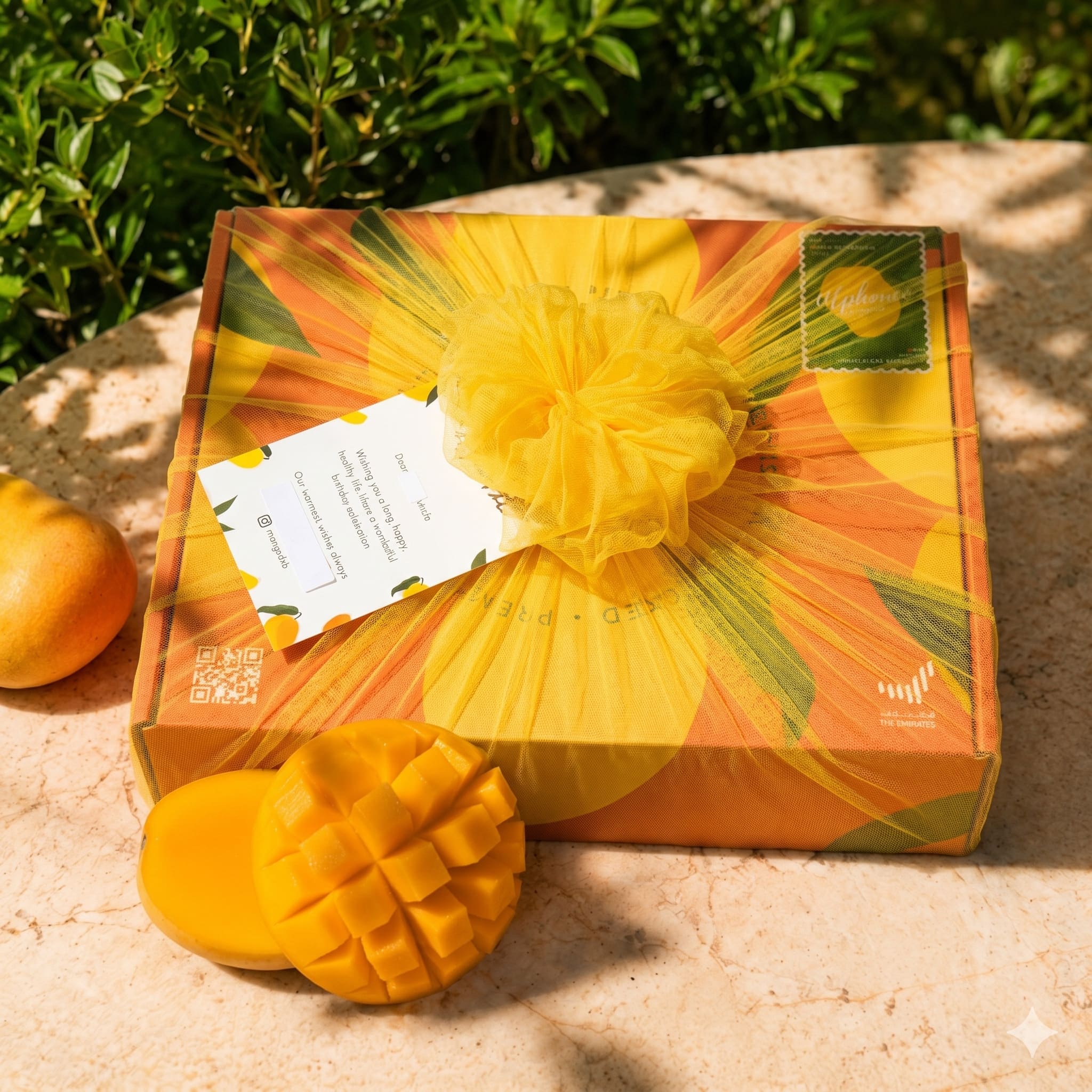 Decorative mango.dxb mango box on a stone surface with a mango next to it.